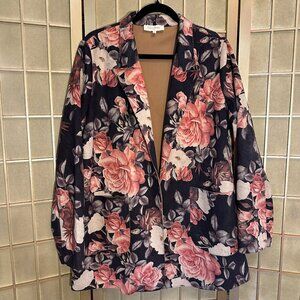 Anthropologie Solitaire Faux Suede Long Open Jacket Size L Garden Floral Print